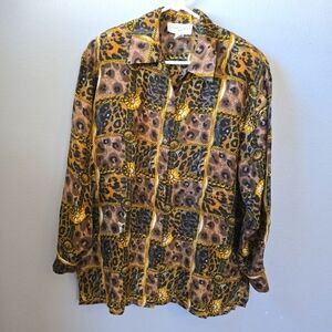 Casual Corner Medium Silk Chain Leopard Print Button Blouse Vintage